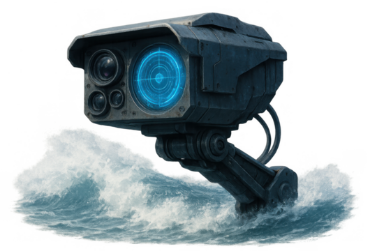 Futuristic surveillance system scanning ocean surface, advanced marine technology monitoring water waves, science fiction concept