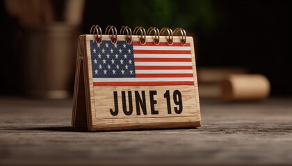 Juneteenth Celebration: Featuring American Flag And Wooden Calendar On June 19, A Recognized Federal Holiday In The United States.