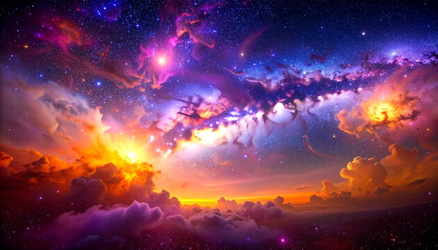 カラフルな星雲と雲 オレンジと紫の宇宙背景