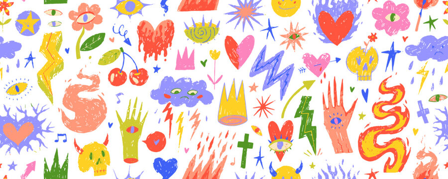 Kids crayon drawn seamless pattern. Punk and rock doodles seamless banner background. Music vibes, punk scribbles and youth y2k shapes. Festival pattern background with chalk or pencil texture shapes.