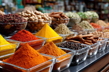 Fototapeta premium Colorful Spices Displayed in Glass Bowls at Market