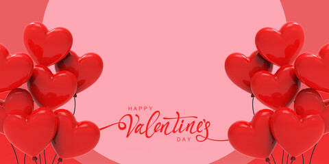 Red Valentine's Day background with hanging golden heart and happy valentine's day word