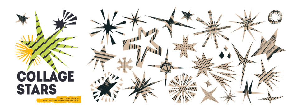 Cutout jagged irregular star shapes with crayon doodles and texture. Asymmetric angular starlike forms. Scrapbook and zine collage star icons with playful chalk scribbles, freehand brush strokes.