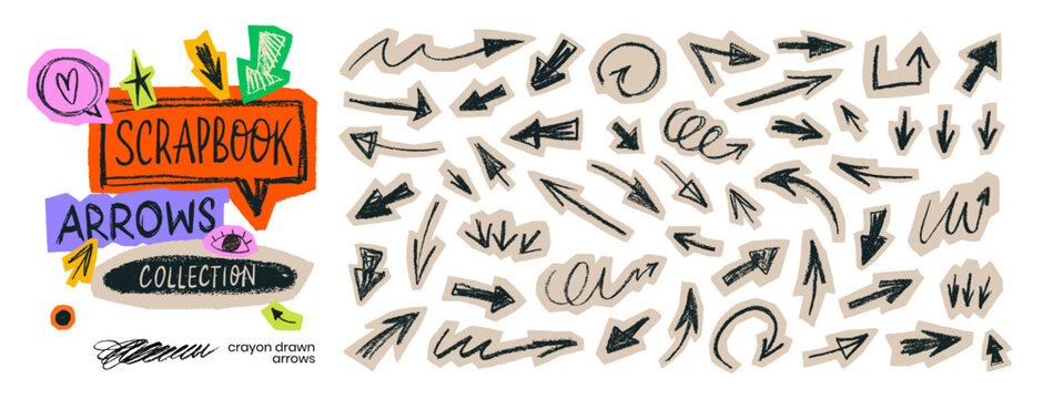 Collage scrapbook doodle arrows collection. Hand drawn curved, straight and short arrows with crayon or pencil texture. Sketch and scribble arrow set. Cut out scrapbook design elements.