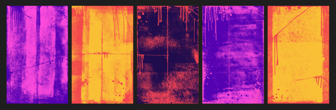 Urban punk textures with neon graffiti and distressed grunge background, featuring rough spray paint, scratch marks, and a halftone dot pattern for a vintage poster. Music and street style design.