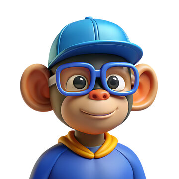 Smiling 3d monkey character with blue cap and glasses, cheerful