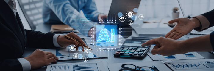 An enterprise AI platform concept. The central processor integrates with business solutions like cloud computing, security, and process automation for corporate growth and innovation. Fermion