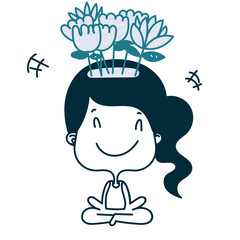 cute girl meditating with lotus pose and flowers growing on her head doodle cartoon hand drawn
