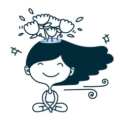 cute girl meditating with lotus pose and flowers growing on her head doodle cartoon hand drawn