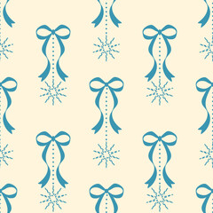 Seamless pattern design with bows blue flowers and decorative ribbons