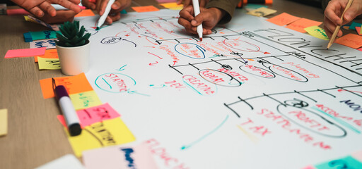 Engaging team planning session showcasing hands actively creating a flow chart with colorful sticky notes, emphasizing collaboration and strategic project management. SACTR © InfiniteFlow