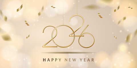 Happy New Year 2026 Golden letter with confetti. Vector illustration.