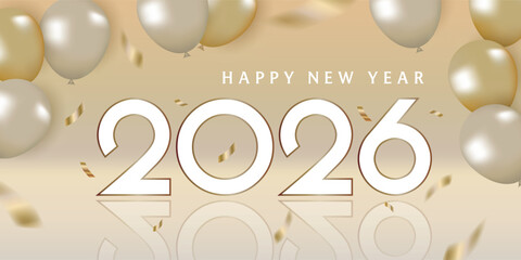 Happy New Year 2026 Golden letter with confetti and valloons. Vector illustration.