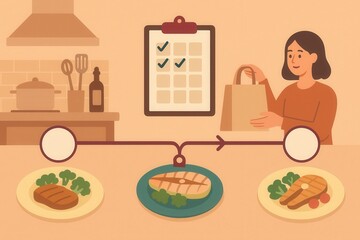 Visual meal planning decisions in a kitchen with a woman preparing healthy food options showcasing organization and culinary enthusiasm captured with clarity