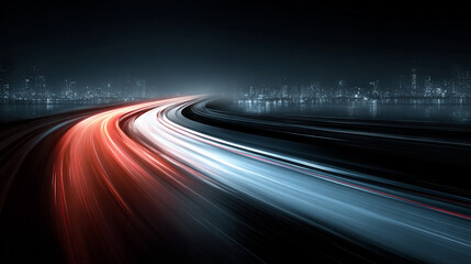Curved light trails stretching upward showing fast moving car acceleration and motion on a night road with city lights creating a dynamic high speed concept background