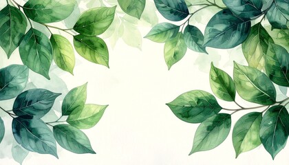 watercolor green leaves border minimal botanical theme, green leaves on a blue background, green leaves background, 