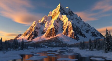 Majestic snow capped mountain bathed in golden light at twilight reflects in river
