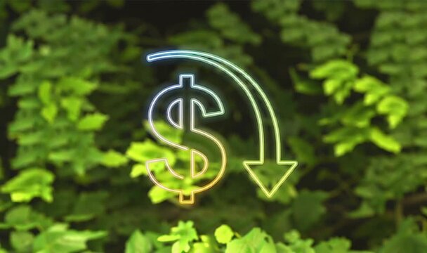 Neon Dollar Sign with Downward Arrow on Dark Background