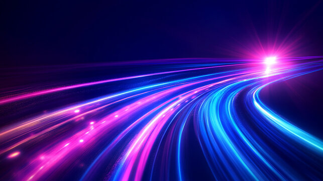 Curved light trails stretching upward showing fast moving car acceleration and motion on a night road with city lights creating a dynamic high speed concept background