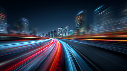 Curved light trails stretching upward showing fast moving car acceleration and motion on a night road with city lights creating a dynamic high speed concept background