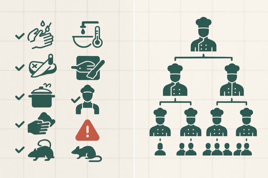 Food safety protocols and chef hierarchy illustrated through icons emphasizing hygiene practices and teamwork in culinary environments showcasing structured organization