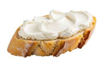 A single slice of toasted baguette bread topped with a generous swirl of creamy white cream cheese, isolated on transparent background