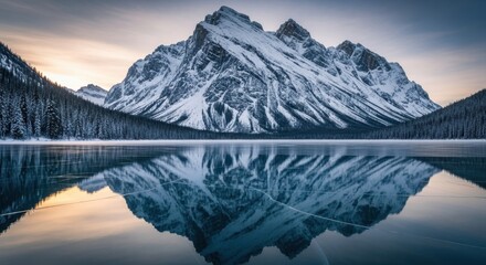 Majestic snowy mountain reflecting in the serene icy lake during winter twilight