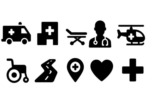 Healthcare, medical solid icon set. Hospital, health essentials solid icon collection.