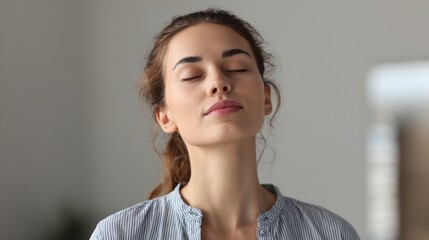Serene young woman practicing mindfulness with eyes closed for wellness campaign, promoting relaxation and inner peace, perfect for meditation or stress relief ads