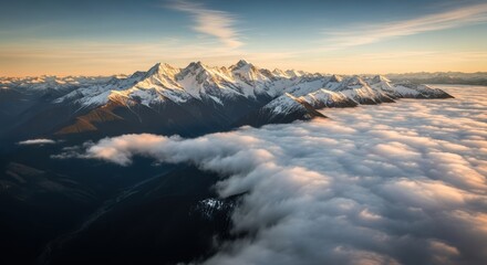 Breathtaking alpine scenery showcasing snow-capped mountain peaks shrouded in a blanket of