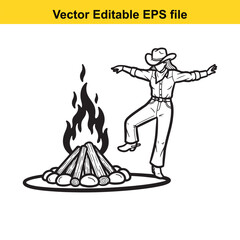 Cowgirl dancing next to a campfire, isolated on