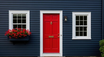 Classic House Front: Bright Red Door with White Trim on Dark Blue Siding for Home Exterior.