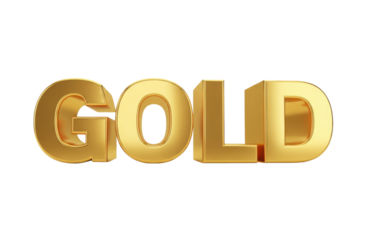 Three dimensional golden word text spelling out gold rendered in a shiny metallic texture, isolated on transparent background