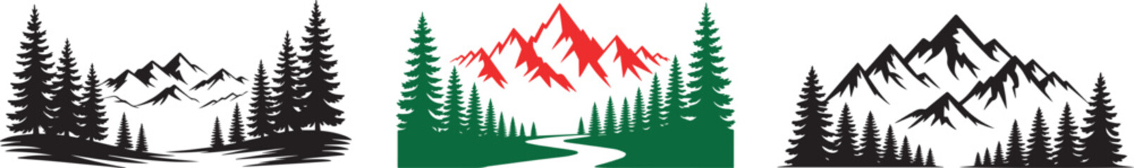 Three mountain scene illustrations with trees and nature elements in a row