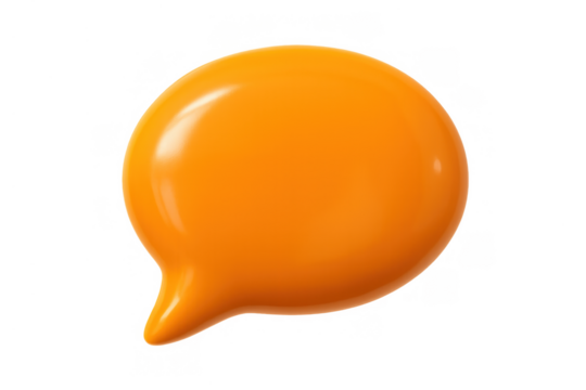 Orange glossy 3d speech bubble icon for digital communication, online messaging, and social media interaction, on transparent background