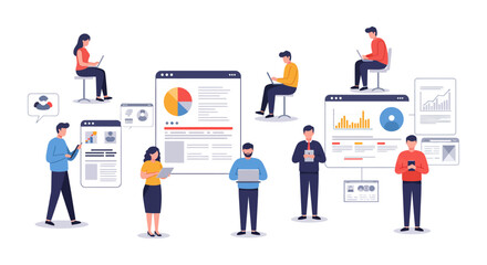 Business team analyzing data on multiple devices reviewing charts and graphs for strategic planning in a modern office ideal for corporate presentations