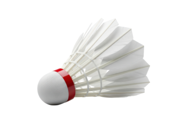 Closeup studio shot of a single white feather badminton shuttlecock with a red band around the cork base, isolated on transparent background for sports equipment illustration
