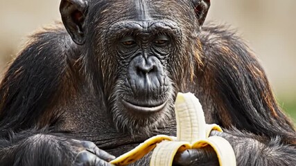 Close up of a chimpanzee eating a ripe banana in its natural habitat.