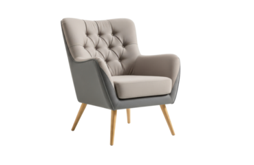 Elegant midcentury modern armchair with tufted backrest and light wood tapered legs, upholstered in beige and gray fabric, isolated on transparent background