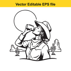 Cowgirl in cowboy hat drinking from a bottle in the desert with cacti and sun, vector illustration