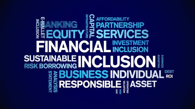 Financial inclusion animated word cloud-text design animation tag kinetic typography seamless loop.