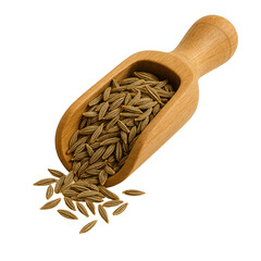 Wooden scoop of dried Cumin seeds Jeera isolated on transparent PNG