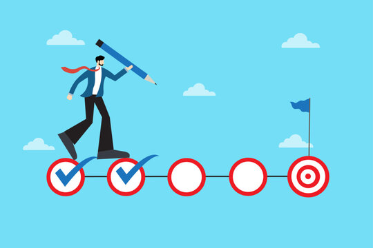Business progress and goal achievement illustration showing a confident businessman walking on completed milestones toward a final target. 