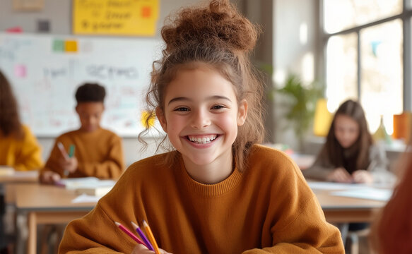 Teenage student smiling in a classroom