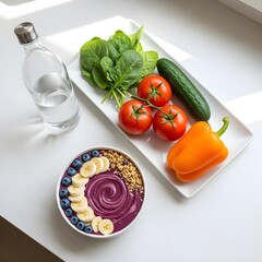 A minimalist portrait of salads, a bowl of fruit salad, and a small bottle of water.