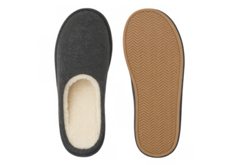 Cozy black slippers with sherpa lining and flexible rubber sole, comfort footwear for home relaxing, transparent background