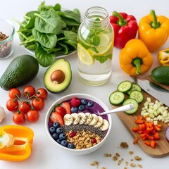 A table decorated with fruits, salads, vegetables, and greens.