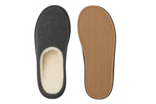 Cozy black slippers with sherpa lining and flexible rubber sole, comfort footwear for home relaxing, transparent background
