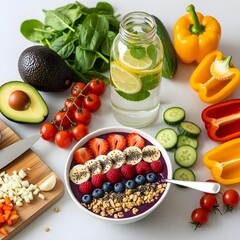 A table decorated with fruits, salads, vegetables, and greens.