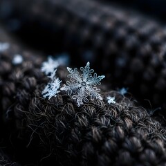 Close-up in black and white of snowflakes on a cloth surface.